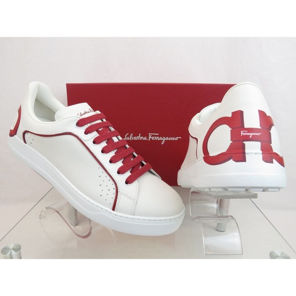 $795 FERRAGAMO MANHATTAN WHITE LEATHER RED GANCINI LOGO SNEAKERS 11 M ITALY